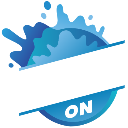 Blue splash logo with 'SPLASH ON' text in white diagonally.