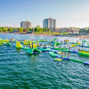 a group of people flying kites in a body of water