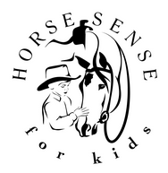 Illustration of a child with a cowboy hat petting a horse; text reads 'Horse Sense for Kids'.