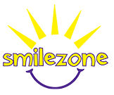 Logo with 'smilezone' text, sun rays, and a smiley face.