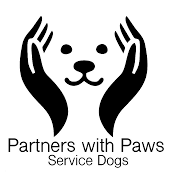 Logo with hands forming dog's face, text: 'Partners with Paws Service Dogs'