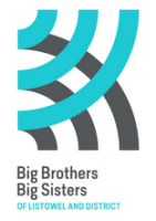 Logo with curved turquoise and gray lines, text: Big Brothers Big Sisters of Listowel and District.