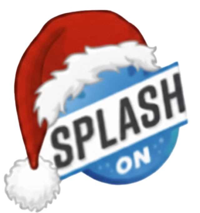 Blue ball with 'SPLASH ON' and a Santa hat on top.