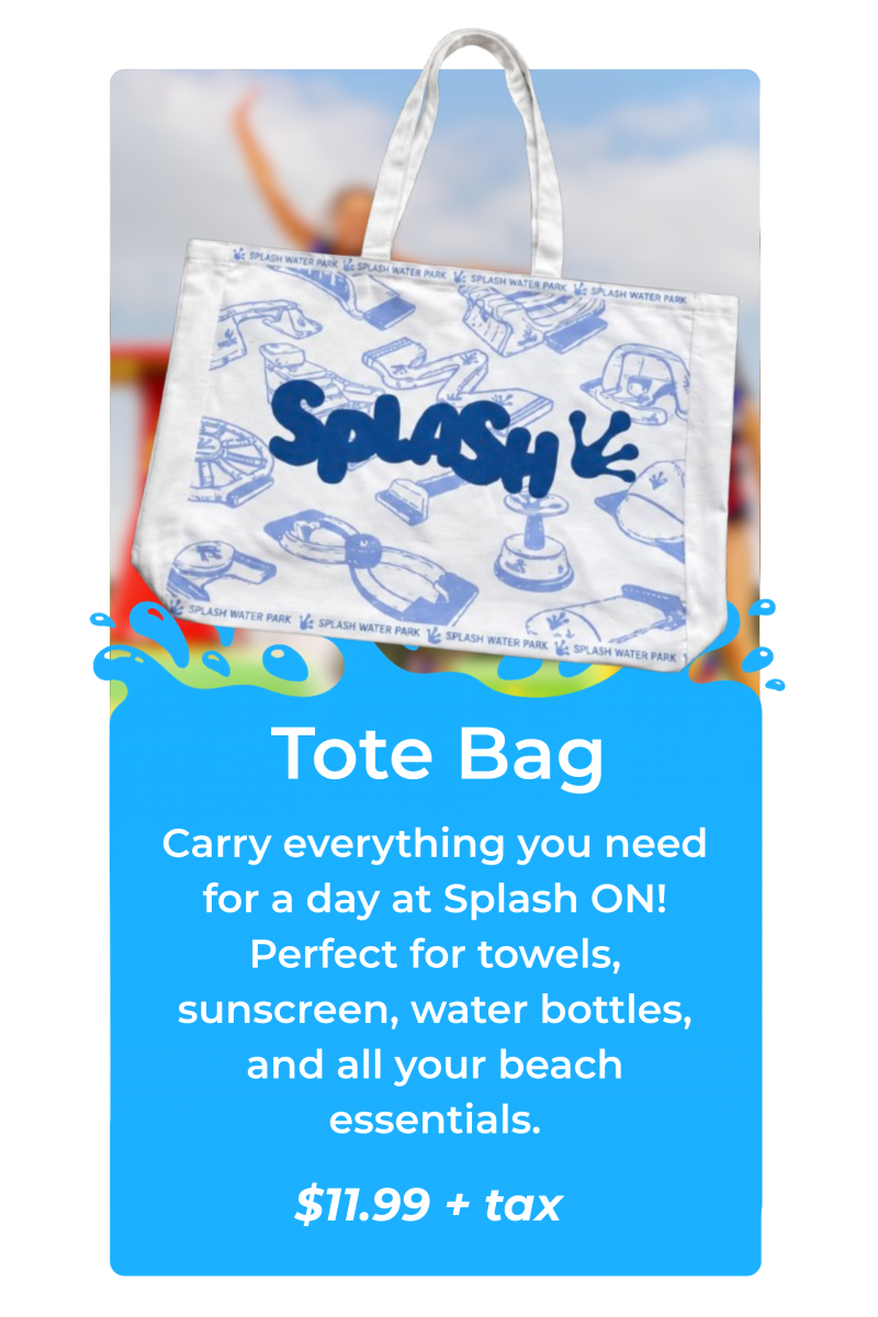 Promotional image of a tote bag with blue sketches and text: 'Splash ON!'