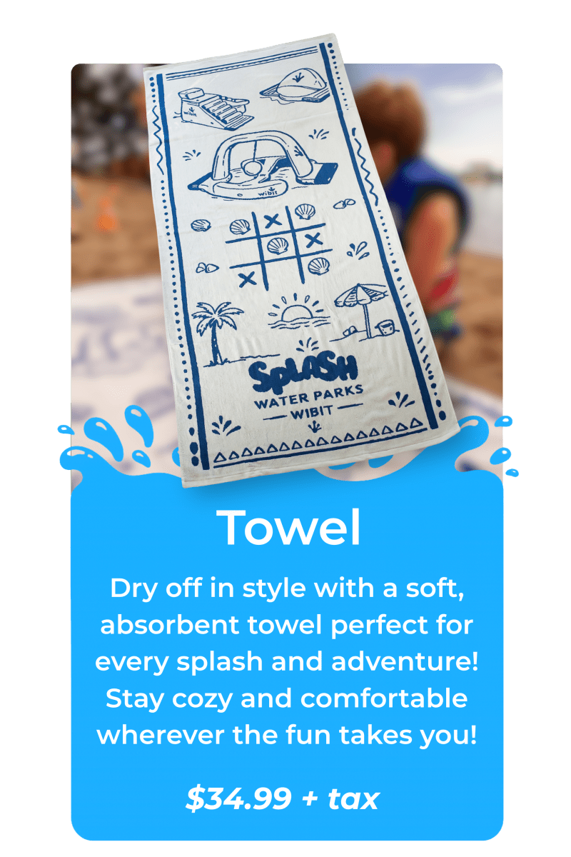 Beach towel with water park logo and playful designs on display.