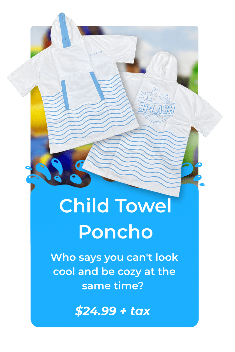 Child towel poncho advertisement with blue wave patterns and text: $24.99 + tax.