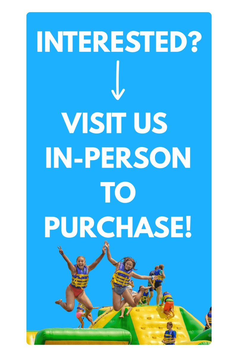People enjoying an inflatable slide with text promoting in-person purchase.