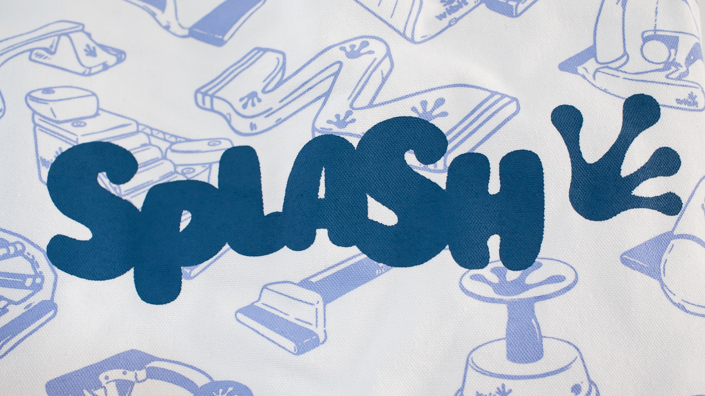 Blue 'Splash' text with cartoon water motifs on white background.
