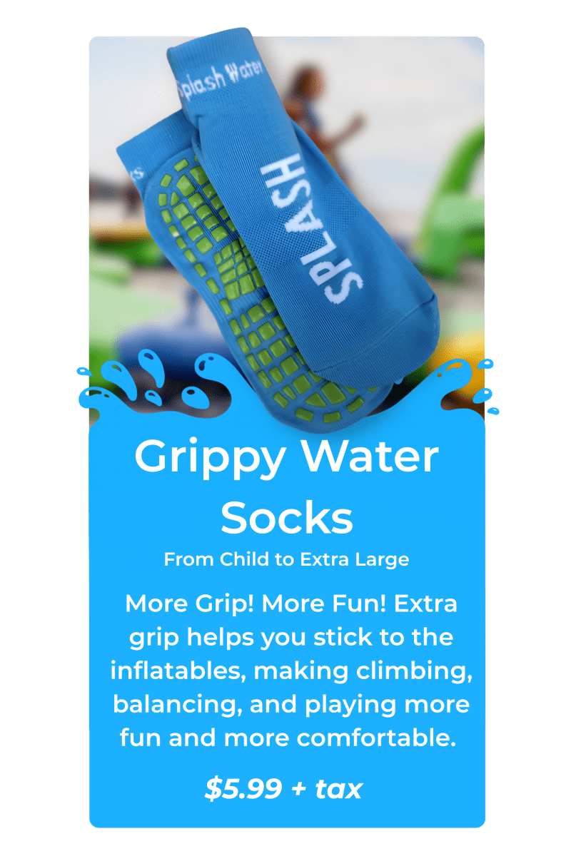 Ad for blue Grippy Water Socks with text and price $5.99 + tax.